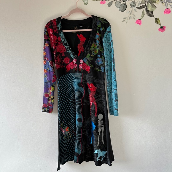 Desigual Long Sleeve Dress, Floral/Stripe/Dancing Figures/Horse Print, Large - Picture 11 of 12
